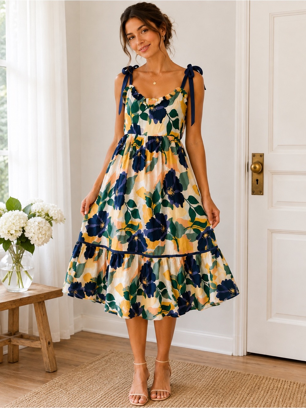 entro Navy and Cream Floral Tie-Shoulder Midi Dress